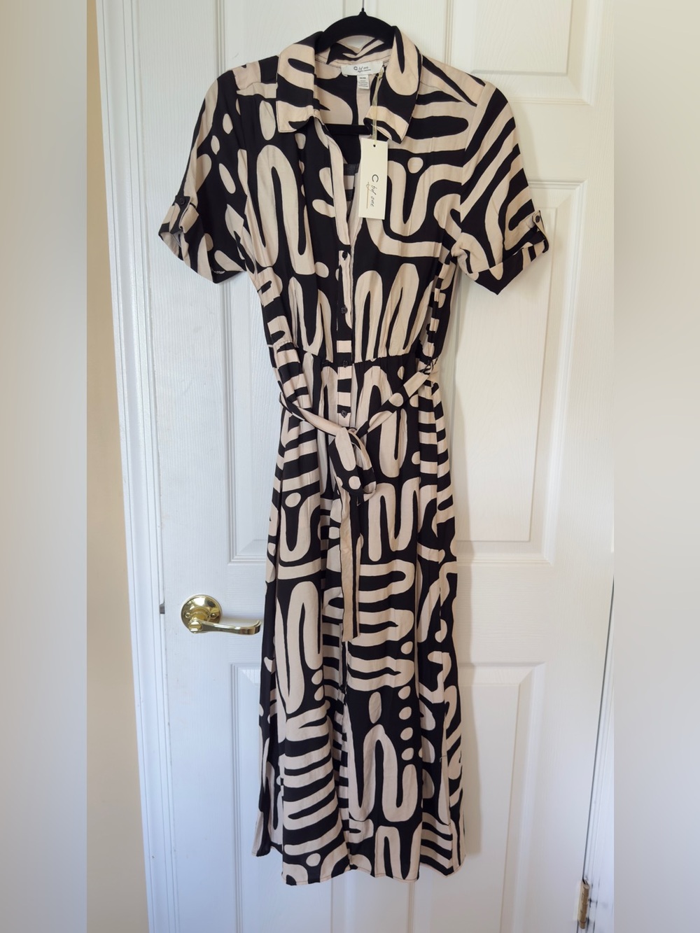 Button-Front Midi Shirt Dress in Black & Cream by C/Meo Collective